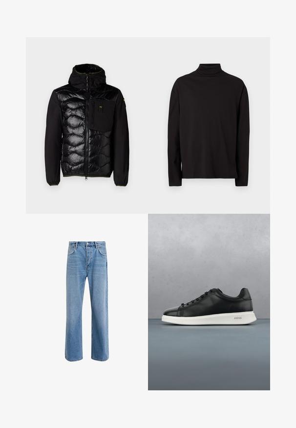 Veste noire isolante avec un devant matelassé, une capuche et des poches zippées. Caractérisée par un corps en tissu lisse et des poignets élastiques avec des accents verts.; Haut à col roulé noir à manches longues en tissu doux et lisse, avec une coupe décontractée et sans motifs ni accents visibles.; Jeans en denim bleu clair avec une coupe droite, cinq poches, fermeture à bouton, peu d'usure et des détails de couture contrastés.; Baskets en cuir noir avec une semelle texturée blanche, bout rond et six œillets. Présente un logo discret au niveau du talon. Fini lisse dans l'ensemble.
