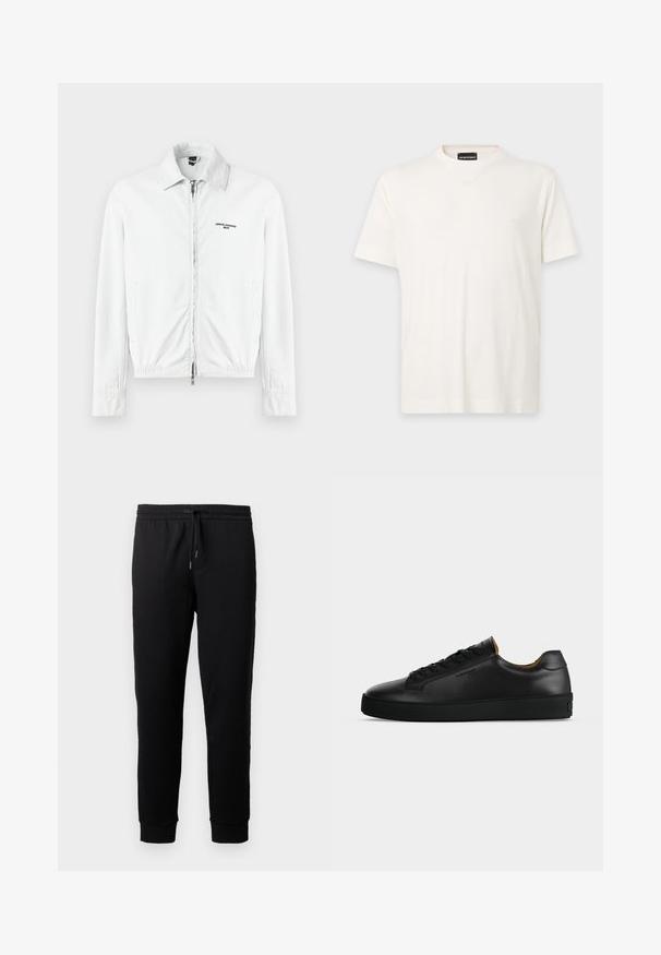 Veste en velours côtelé blanche avec une fermeture éclair avant intégrale, col, poches latérales et logo "Armani Exchange Milano" sur la poitrine.; T-shirt blanc uni à manches courtes avec col en V et petit logo brodé sur le côté gauche de la poitrine.; Pantalons de jogging noirs en tissu doux avec une taille élastique et un cordon de serrage. Présente des jambes fuselées avec des poignets côtelés.; Basket basse en cuir noir avec lacets noirs, semelle en caoutchouc texturée et petit logo embossé sur le côté, présenté de profil sur fond gris.