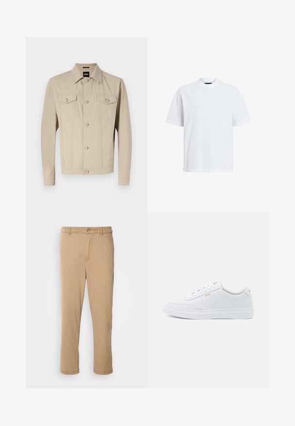 Beige denimjakke med klassisk krave, frontlukning med knapper og to brystlommer; har sømdetaljer og lange ærmer.; Hvid kortærmet t-shirt med rund hals; lavet af glat stof; har et subtilt logo på forsiden.; Beige bomuldsbukser med lige ben, der har lynlåslukning og knaplukning fortil, manchetter og to sidelommer.; Hvide lædersneakers med glat tekstur, rund tå og ton-i-ton syning. Har blå snørebånd og et gult logo på siden.