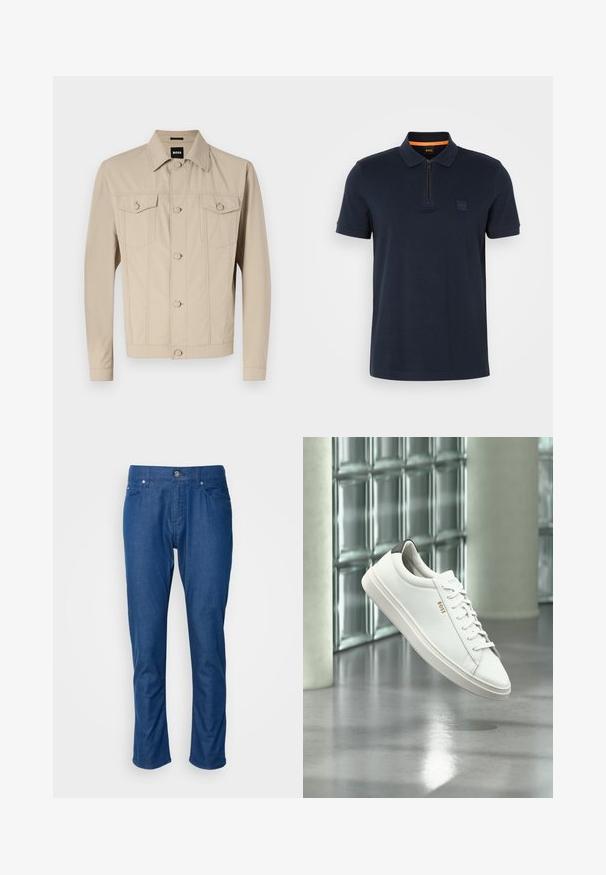 Beige denimjakke med klassisk krave, frontlukning med knapper og to brystlommer; har sømdetaljer og lange ærmer.; Marineblå polo shirt med lynlås-colar, indeholdende et lille logo-patch på brystet og korte ærmer. Materialet er en bomuldsblanding med en glat tekstur.; Blå denimbukser med lige ben-design, frontlommer og enkelt knaplukning. Glat tekstur med minimal detaljering.; Hvid læder lav-top sneaker med snørebånd, sort hælflig og "BOSS"-logo, svævende indendørs nær glasblok væg og poleret gulv.