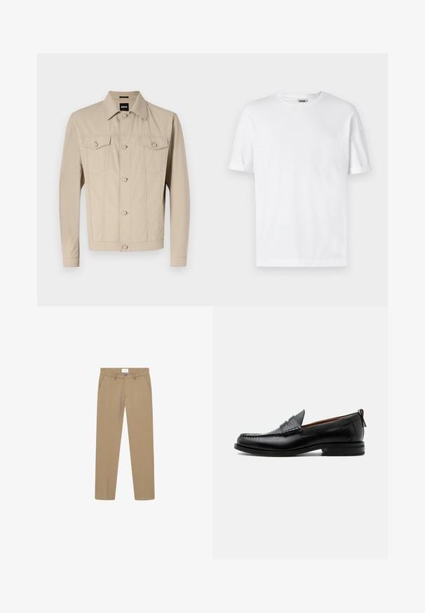 Beige denimjakke med klassisk krave, frontlukning med knapper og to brystlommer; har sømdetaljer og lange ærmer.; Hvid bomulds T-shirt med rund hals, korte ærmer og oprevet manchetter; enkel design, blød tekstur og lige snit.; Beige bukser med en glat overflade, lige ben-design, forlommer og knaplukning. Mærket er synligt ved livet.; Sort læder herre loafer med moc-tå syning, penny strop, struktureret krave og lav stablet hæl på hvid baggrund.
