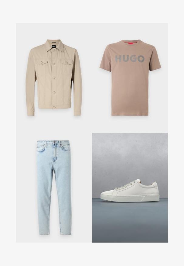 Beige denimjakke med klassisk krave, frontlukning med knapper og to brystlommer; har sømdetaljer og lange ærmer.; Beige kortærmet t-shirt med rund hals og stor grå "HUGO" tekst trykt på brystet, ensfarvet baggrund.; Lyseblå højtsiddende slim-fit jeans med forreste knap, lynlås, for- og baglommer, vist på hvid baggrund.; Hvid lædersneaker med rund tå, minimalistisk design, grå snørebånd og en tekstureret grå gummisål. Subtile syningsdetaljer er synlige.