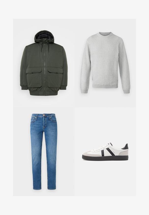 Jack & Jones JJCONSTRUCT - Veste d'hiver - rosin; Pull en maille côtelée gris clair avec un col rond, des manches longues et un ourlet droit. Fabriqué en tissu doux et texturé.; Jean en denim bleu à coupe slim, style cinq poches, fermeture à bouton à l'avant, et décoloration subtile sur les cuisses et les genoux.; Baskets blanches avec des accents noirs et gris, présentant un embout texturé gris, une semelle en caoutchouc noir et des lacets plats blancs. Design épuré, style minimaliste.