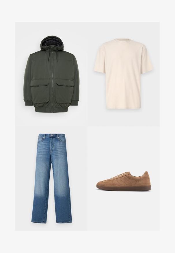 Jack & Jones JJCONSTRUCT - Veste d'hiver - rosin; Only & Sons ONSFRED RELAXED PLIZZE TEE - T-shirt basique - moonstruck; Jean droit taille haute bleu avec des dégradés au niveau des cuisses et une teinte plus foncée près des ourlets, avec un bouton avant et des poches visibles.; Baskets basses en daim marron avec des lacets beiges et une semelle en caoutchouc marron foncé, présentées de profil sur un fond uni.
