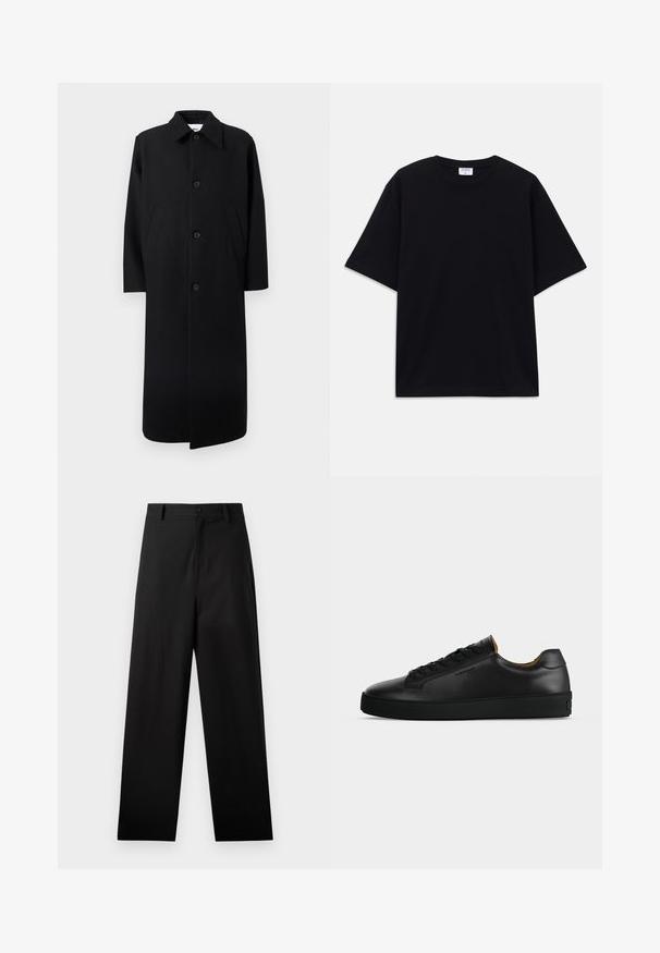 Long manteau noir avec un col pointu, quatre boutons à l'avant et deux poches latérales inclinées sur un fond blanc.; T-shirt noir à manches courtes oversize avec un col rond et une étiquette de marque Filippa K visible à l'intérieur du col.; Pantalons noirs en coton avec une coupe droite, dotés d'une fermeture à bouton à l'avant et de poches latérales. Texture lisse, sans motifs.; Basket basse en cuir noir avec lacets noirs, semelle en caoutchouc texturée et petit logo embossé sur le côté, présenté de profil sur fond gris.