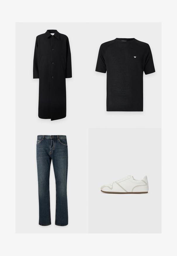 Langer schwarzer Übermantel mit spitzem Kragen, vier Knöpfen vorne und zwei schräg angesetzten Seitentaschen vor unifarbenem Hintergrund.; Schwarzes T-Shirt mit kurzen Ärmeln und Rundhalsausschnitt, mit kleinem weißem Adler-Logo auf der linken Brust, vor einfachem hellem Hintergrund dargestellt.; Dunkelblaue Straight-Leg-Denimjeans mit vorderem Knopf und Reißverschluss, Gürtelschlaufen und sichtbaren vorderen Taschen vor einem einfarbig hellen Hintergrund.; Weißer Sneaker mit einem glatten Obermaterial aus Stoff, beigefarbenen Akzenten, einer runden Zehenpartie und einer Gummisohle. Verfügt über ein Schnürdesign und seitliche Nähte.