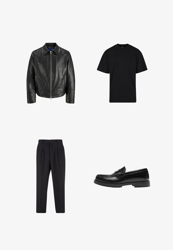 Veste en cuir noir avec un col, fermeture éclair à l'avant et manches longues. Présente une texture lisse et un design minimaliste.; T-shirt noir à manches courtes avec col rond, coupe décontractée, design simple sans logos ni motifs visibles.; Pantalon noir sur mesure avec plis à l'avant, passants pour ceinture et fermeture par bouton à la taille.; Mocassin en cuir noir avec une semelle en caoutchouc épaisse et un détail classique de bride à monnaie, vu de côté extérieur.