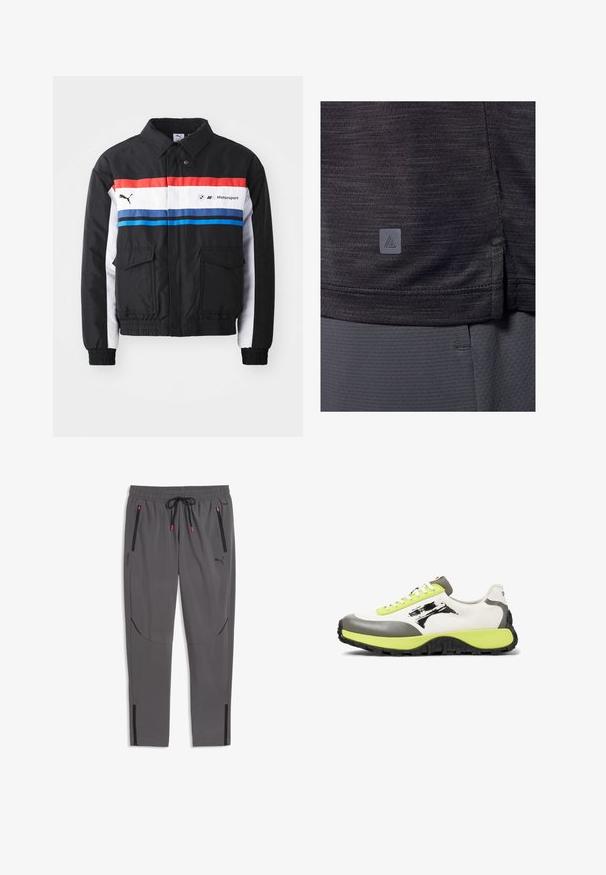 Chaqueta bomber negra con franjas horizontales en rojo, blanco y azul. Cuenta con dos bolsillos frontales y puños y dobladillo elásticos. Logo impreso en el pecho.; Camiseta deportiva gris oscuro, hecha de tejido texturizado. Presenta una abertura lateral en el dobladillo y una pequeña etiqueta de logo en la esquina inferior izquierda.; Pantalones deportivos grises Puma con cintura elástica, cordón negro, bolsillos frontales con cremallera y cremalleras en los tobillos.; Las zapatillas presentan una parte superior de lona blanca, acentos de goma gris, cordones de neón verde, un logo prominente y una suela negra texturizada para mayor agarre.