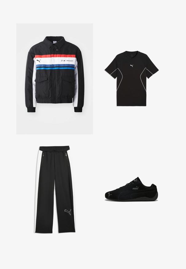 Sort bomberjakke med røde, hvide og blå horisontale striber. Har to forlommer og elastiske manchetter og kant. Logo trykt på brystet.; Sort atletik t-shirt med hvide detaljer, rund halsudskæring, korte ærmer og glat stof. Har Puma-logo på brystet.; Sorte atletikbukser med hvide sidelister, to forlommer med lynlås, elastisk talje og et Puma-logo på den nederste venstre ben.; Sorte ruskindssportssko med lav profil. Har et struktureret design, sort gummisål og sølv Puma-logo akcenter.
