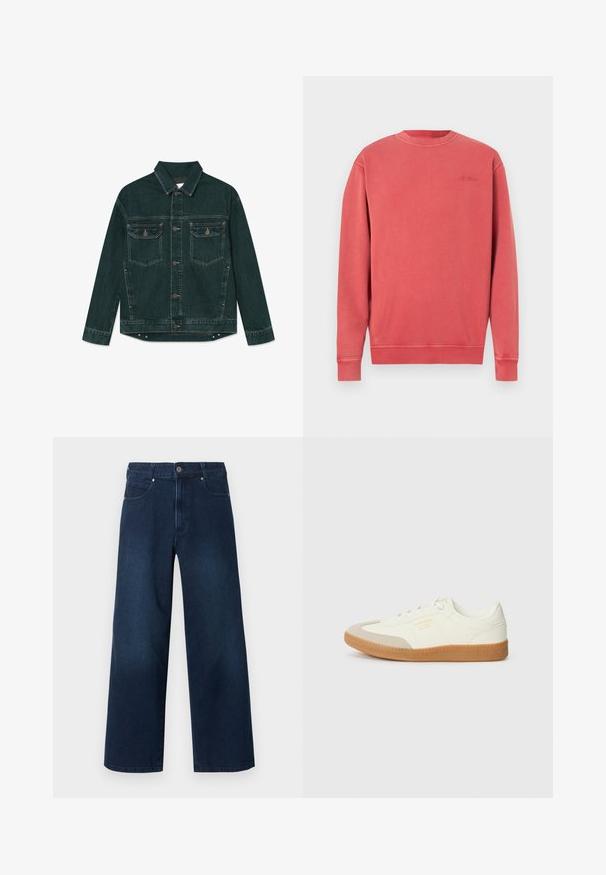 Mørkegrøn denimjakke med knaplukning foran, to klaplommer på brystet og lange ærmer, lagt fladt ud på en hvid baggrund.; Lyserødmeleret sweatshirt, rund hals, lange ærmer, ribstrikkede manchetter og kant. Har et diskret, præget logo på brystet. Blødt bomuldsblandingsmateriale.; Mørkeblå, vidde jeans med knap- og lynlåslukning foran, for- og baglommer, vist mod en hvid baggrund.; Sneaker lavet af hvid læder med en beige tåhætte og let brunt gummisål. Har flade hvide snørebånd og prægede branding på siden.