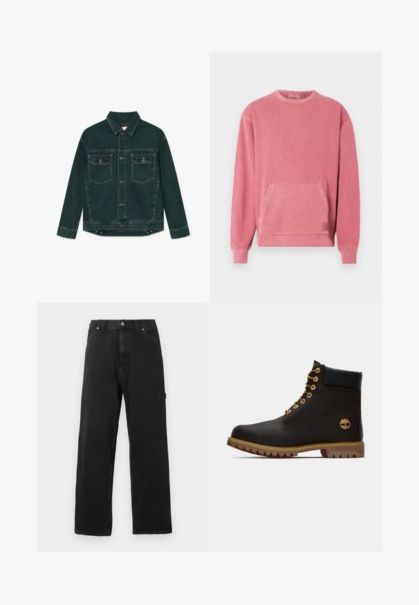 Dunkelgrüne Denimjacke mit durchgehender Knopfleiste, zwei Klapp-Brusttaschen und langen Ärmeln, flach auf einem weißen Hintergrund liegend.; Rosa Sweatshirt mit Rundhalsausschnitt, langen Ärmeln, Fronttasche und gerippten Bündchen und Saum. Mit einem kleinen Logopatch versehen.; Schwarze Jeans mit geradem Bein, Fronttaschen, Gürtelschlaufen, Knopfverschluss und sichtbaren Nahtlinien vor einfarbigem Hintergrund.; Schwarze Leder-Ankle-Boots mit goldenen Ösen, braunen Akzenten und einer Gummisohle. Verfügt über einen gepolsterten Schaft und ein geprägtes Logo an der Seite.