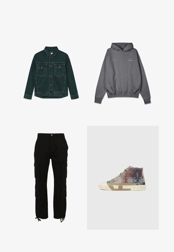 Donkergroene spijkerjas met knoopsluiting aan de voorkant, twee klepzakken op de borst en lange mouwen, plat neergelegd op een witte achtergrond.; Grijze hoodie met een trekkoord, een voorzak, ribgebreide manchetten en een ribgebreide zoom. Voorzien van de tekst "scent of summer" en "PEGADOR" in contrasterende kleuren.; Zwarte cargobroek van katoen, voorzien van meerdere zijzakken, een knoopsluiting en verstelbare pijpen met trekkoorden.; High-top sneakers met een meerkleurig canvas bovenwerk met vervaagde patronen, beige zool en een minimalistisch ontwerp. Blootgestelde stiksels en accenten.