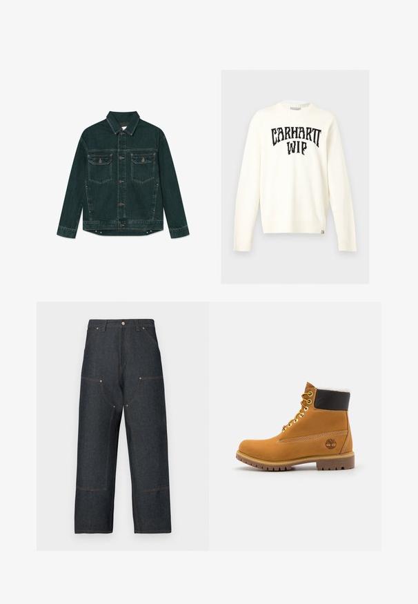 Dunkelgrüne Denimjacke mit durchgehender Knopfleiste, zwei Klapp-Brusttaschen und langen Ärmeln, flach auf einem weißen Hintergrund liegend.; Off-white Langarm-Pullover mit Rundhalsausschnitt, schwarzem "CARHARTT WIP" Schriftzug über der Brust und kleinem Markenetikett am unteren Saum.; Dunkelblaue Denim-Jeans mit weitem Bein, kontrastierenden orangefarbenen Nähten, vorderen Taschen und einem klassischen Knopfverschluss.; Braune Leder-Ankle-Boots mit Metallösen, weißem Kunstfellfutter, schwarzem gepolstertem Kragen, robustem Sohlenprofil und geprägtem Logo an der Seite.