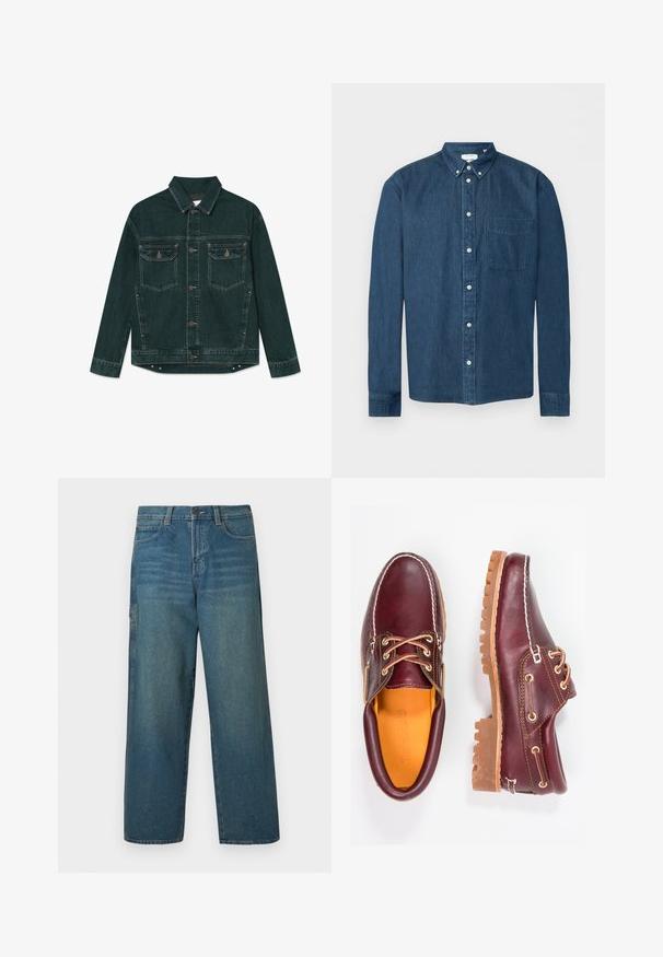 Chaqueta de mezclilla verde oscuro con cierre de botones, dos bolsillos en el pecho con solapa y mangas largas, extendida sobre un fondo blanco.; Camisa de mezclilla azul oscuro con botones, mangas largas, un bolsillo delantero a la izquierda y cuello abotonado, mostrada sobre un fondo blanco.; Vaqueros de denim azul medio con un ajuste holgado, piernas rectas y un diseño clásico de cinco bolsillos. Incluyen trabillas para cinturón y cierre con botón.; Zapatos de cuero burdeos con suelas de goma marrón, puntera redonda, costuras blancas y ojales dorados. El interior cuenta con un forro amarillo.