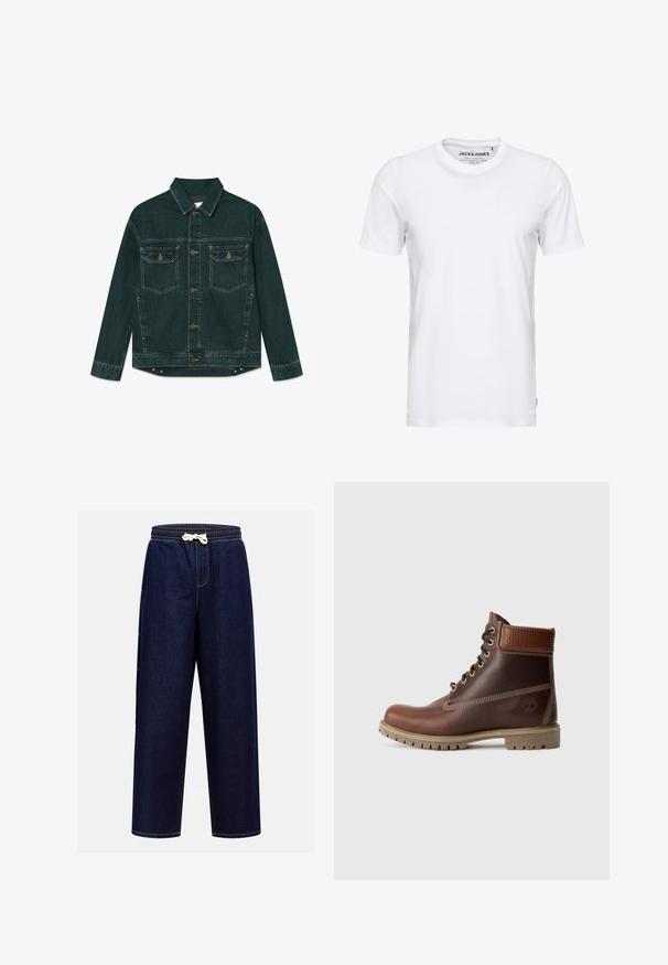 Dunkelgrüne Denimjacke mit durchgehender Knopfleiste, zwei Klapp-Brusttaschen und langen Ärmeln, flach auf einem weißen Hintergrund liegend.; Weißes T-Shirt mit kurzen Ärmeln aus Baumwolle, mit Rundhalsausschnitt und einem schlichten Design. Markentag im Nackenbereich sichtbar. Keine Muster oder Verzierungen.; Dunkelblaue Denim-Jogginghose mit elastischem Bund, Kordelzugverschluss und Seitentaschen, ausgestattet mit Kontrastnähten.; Braune Leder-Schnürstiefelette mit gepolsterter Knöchelpartie, kontrastierenden Nähten und robustem Sohlendesign, von der Außenseite auf einem weißen Hintergrund gezeigt.