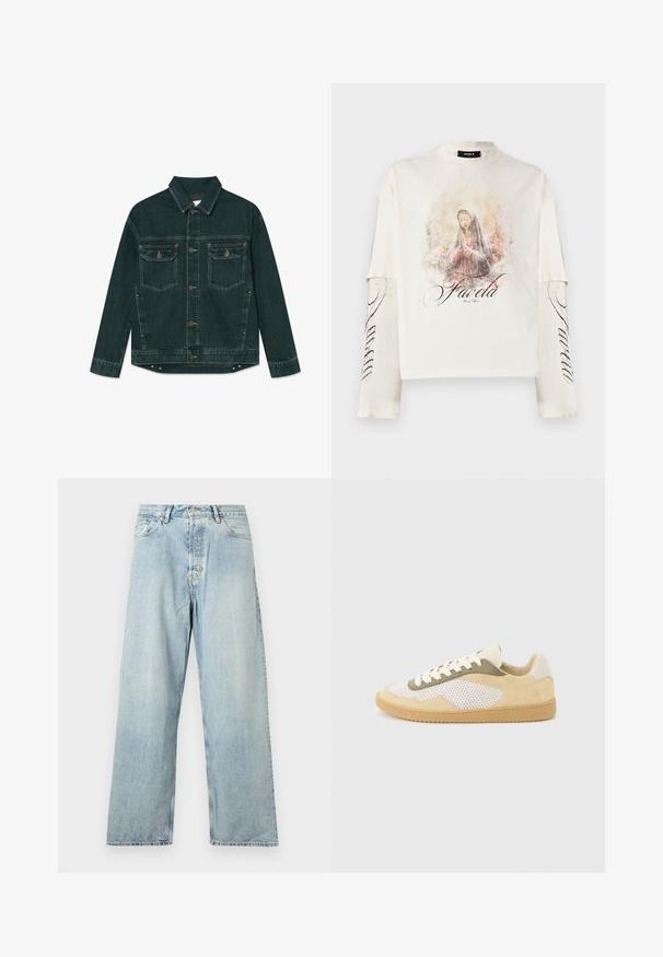 Dunkelgrüne Denimjacke mit durchgehender Knopfleiste, zwei Klapp-Brusttaschen und langen Ärmeln, flach auf einem weißen Hintergrund liegend.; Weißes Langarmshirt mit geschichteten Ärmeln, mit einer Illustration einer betenden Frau und dem Schriftzug "Favela" auf der Vorderseite und dem Ärmel.; Hellblaue, hoch taillierte, gerade geschnittene Jeans aus Denim mit vorderem Knopf, Reißverschluss und Fünf-Taschen-Design, dargestellt auf weißem Hintergrund.; Niedrig geschnittener Sneaker aus beigem Wildleder, weißen Mesh-Einsätzen, olivfarbenen Akzenten, weißen Schnürsenkeln und Gummisohle auf hellgrauem Hintergrund.