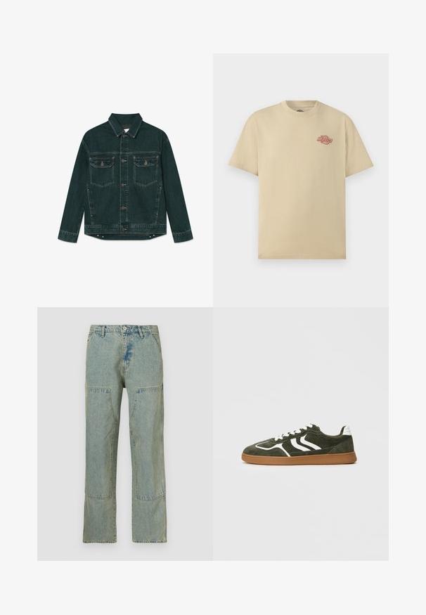 Mørkegrøn denimjakke med knaplukning foran, to klaplommer på brystet og lange ærmer, lagt fladt ud på en hvid baggrund.; Beige kortærmet t-shirt med rund hals og lille rød "Dickies"-logo på venstre bryst.; Lyseblå denimjeans med løs pasform, der har lap-patch-detaljer på forlommerne og en let falmet tekstur.; Grøn ruskinds sneaker med hvide striber, hvide snørebånd, en polstret hvid hæl og en gummisål, vist i profil mod en ensfarvet baggrund.