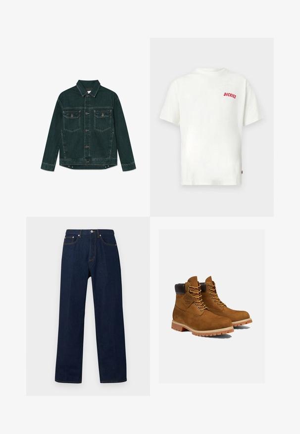 Dunkelgrüne Denimjacke mit durchgehender Knopfleiste, zwei Klapp-Brusttaschen und langen Ärmeln, flach auf einem weißen Hintergrund liegend.; Weißes Baumwoll-T-Shirt mit kurzen Ärmeln und einem kleinen roten "DICKIES"-Logo auf der linken Brust. Lässiger, entspannter Schnitt.; Dunkelblaue Jeans mit geradem Bein, Knopf und Reißverschluss vorne sowie Fünf-Taschen-Design auf neutralem Hintergrund.; Braune Wildleder-Stiefeletten mit einem gepolsterten schwarzen Kragen, goldenen Ösen und einer dicken Gummisohle mit einem Rillenmuster für besseren Grip.