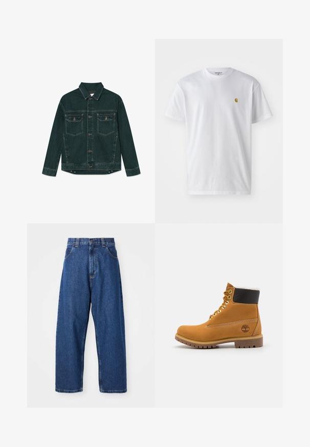 Veste en denim vert foncé avec boutons sur le devant, deux poches poitrine à rabat, et manches longues, posée à plat sur un fond blanc.; T-shirt en coton blanc à manches courtes, col rond, avec un petit logo doré sur la poitrine gauche. Texture douce et coupe régulière.; Jean large en denim bleu foncé. Présente une taille haute, des passants de ceinture et un design classique à cinq poches. Ourlet piqué avec une finition soignée.; Bottine en cuir brun avec œillets en métal, doublure en fourrure blanche, col rembourré noir, semelle robuste et logo en relief sur le côté.