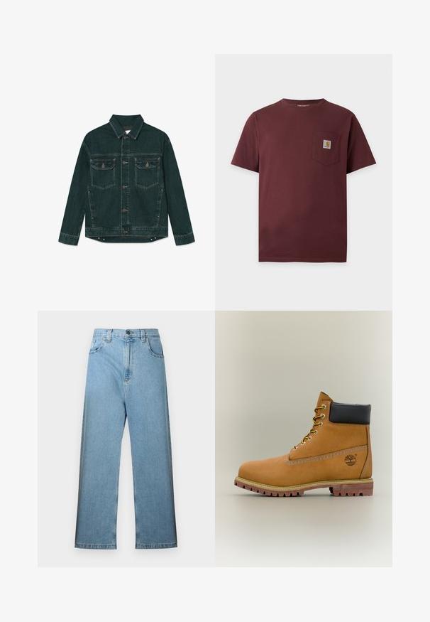 Veste en denim vert foncé avec boutons sur le devant, deux poches poitrine à rabat, et manches longues, posée à plat sur un fond blanc.; T-shirt marron foncé à manches courtes avec une poche poitrine présentant un petit patch logo Carhartt.; Jean en denim bleu clair avec taille haute, coupe jambe large, passants pour ceinture et cinq poches. Le tissu a une texture lisse avec une décoloration minimale.; Bottine en cuir marron avec col noir, lacets jaunes et semelle beige. Présente un logo et des détails de couture blanche. Semelle extérieure à traction robuste.