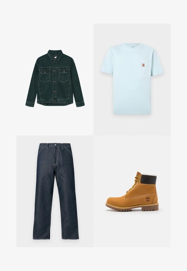 Donkergroene spijkerjas met knoopsluiting aan de voorkant, twee klepzakken op de borst en lange mouwen, plat neergelegd op een witte achtergrond.; Lichtblauw T-shirt met korte mouwen en ronde hals, met een borstzakje waarin een klein bruin-oranje Carhartt-logo zit.; Donkere spijkerbroek met een rechte pijp, contrasterende stiksels en voorzakken. Voorzien van een knoopsluiting en een klassieke pasvorm.; Bruine leren enkellaars met metalen oogjes, witte faux bont voering, zwarte gewatteerde kraag, robuuste zool en een reliëflogo aan de zijkant.