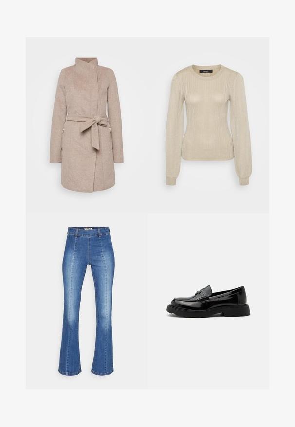 Beige wollen jas met hoge kraag, strikriem, voorzakken en visgraatstructuur. Beschikt over een getailleerd ontwerp en knoopsluiting.; Vero Moda Tall VMTALIA O NECK - Trui - eucalyptus/silver-coloured; Lichtblauwe flared jeans van denim, met een hoge taille, twee voorzakken en subtiele vervaging voor textuur. De stiksels zijn zichtbaar.; Zwarte glanzende leren loafer met een stevige zool en een decoratieve band over de bovenkant, geplaatst tegen een effen lichtgrijze achtergrond.