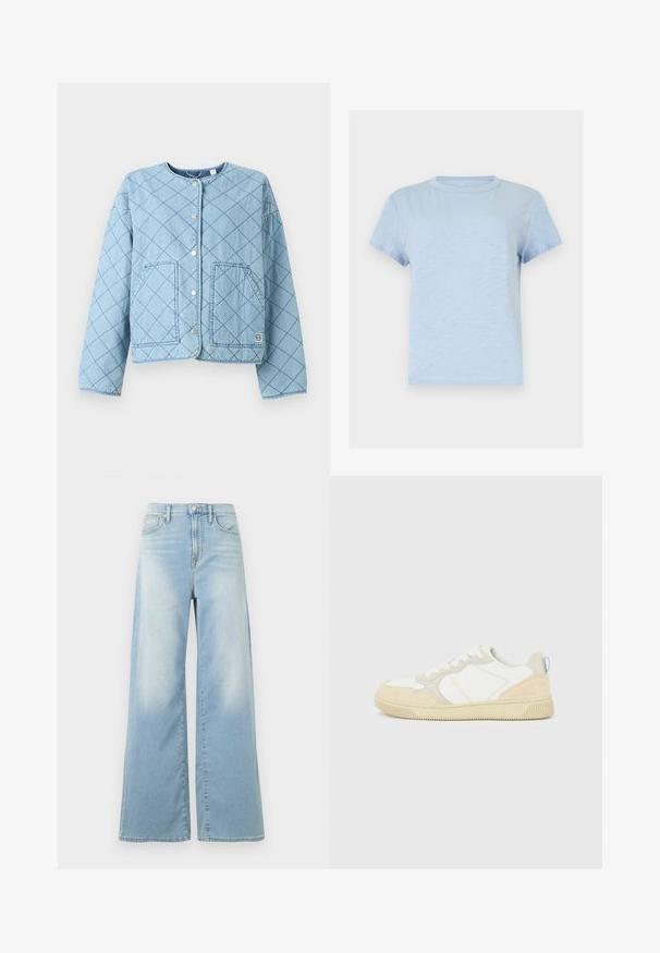 Veste en jean matelassée bleu clair avec un col arrondi, des fermetures à pression à l'avant et deux grandes poches plaquées. Présente un motif en losanges.; T-shirt bleu clair à manches courtes avec col rond, de couleur unie simple et texture de tissu douce.; Jean large bleu clair à taille haute, avec boutons à l'avant et poches, présenté sur un fond blanc.; Baskets blanches et beiges avec dessus en suède et textile, présentant des coutures contrastées, une semelle en caoutchouc et un accent bleu clair sur le talon.