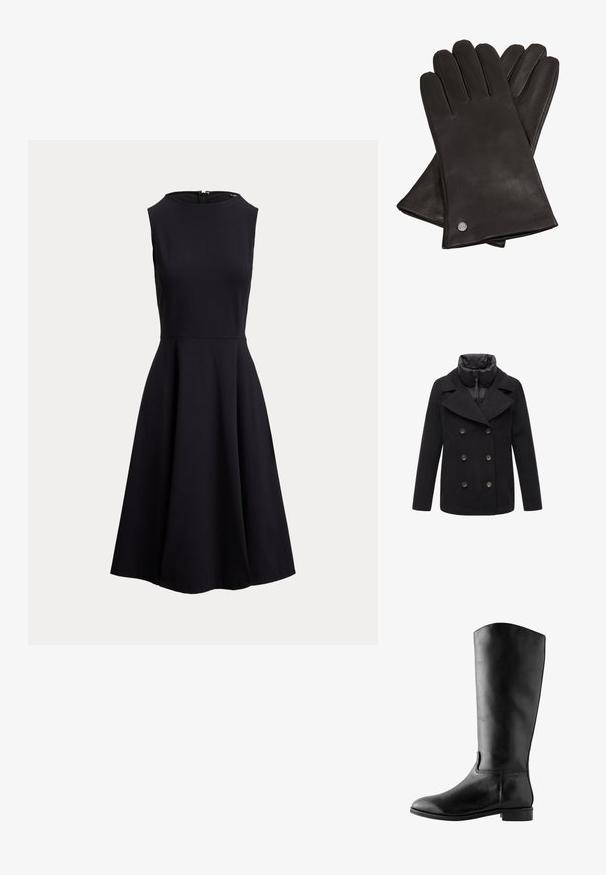 Abrigo negro de doble botonadura con amplios solapas, cuello con cremallera y bolsillos laterales. Confeccionado en una mezcla de lana con una textura suave y un acabado mate.; Vestido negro sin mangas hasta la rodilla con cuerpo ajustado, escote redondo, falda de vuelo y cierre con cremallera en la espalda.; Bota de cuero negra hasta la rodilla con tacón bajo, punta redondeada y costuras mínimas, mostrada de lado sobre un fondo blanco.; Guantes de cuero negros con cinco dedos, textura suave y un pequeño logo plateado en la zona de la muñeca. Diseño clásico, forma ajustada.
