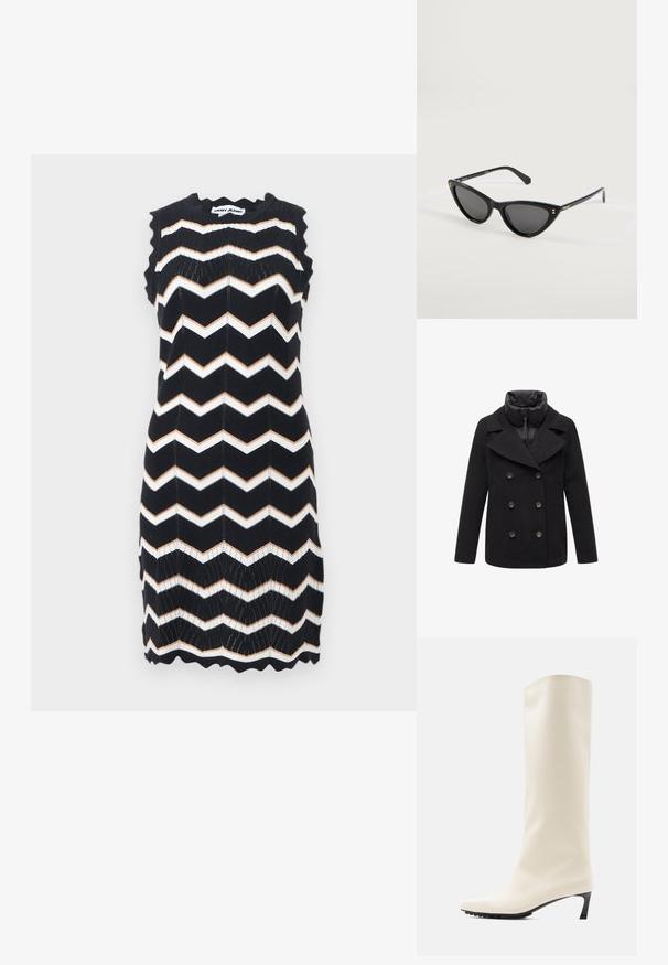 Abrigo negro de doble botonadura con amplios solapas, cuello con cremallera y bolsillos laterales. Confeccionado en una mezcla de lana con una textura suave y un acabado mate.; Vestido sin mangas de punto negro con rayas en zigzag blancas y beige, bordes ondulados y etiqueta DKNY Jeans en el cuello.; Bota blanca hasta la rodilla hecha de material liso con punta puntiaguda y tacón negro delgado. Presenta un diseño limpio y una marca mínima.; Gafas de sol estilo cat-eye negras con lentes oscuros y patillas delgadas, con la marca Polaroid en las varillas, exhibidas sobre una superficie blanca.