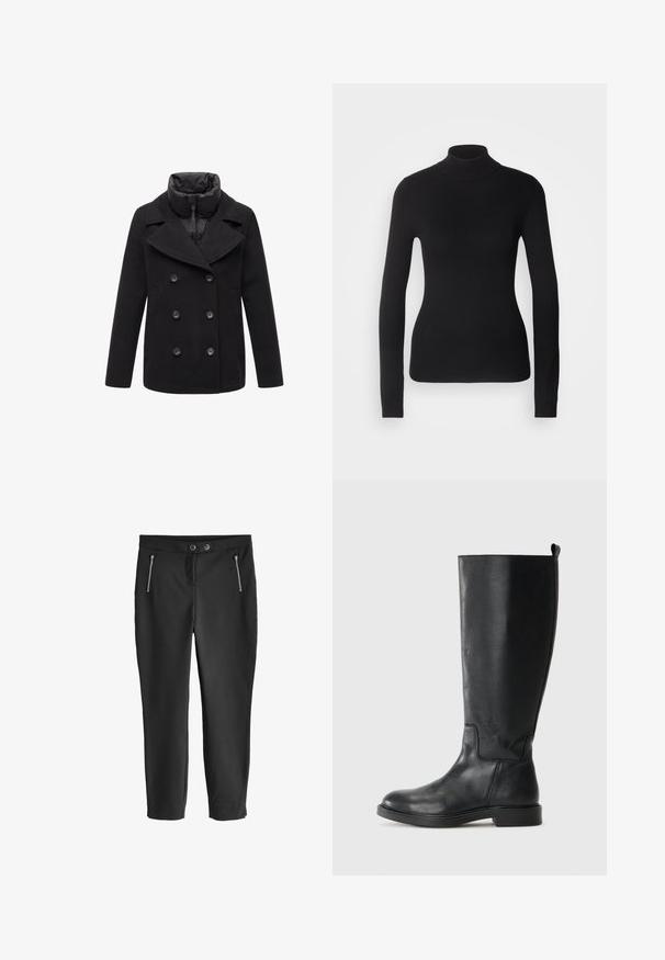 Must mustriga mustkerige mantel laia kraega, lukuga krae ja küljetaskutega. Valmistatud villasegust, millel on sile tekstuur ja läikiv viimistlus.; Mustem turtleneck-sviiter, mis on valmistatud kerge kudumiskangast. Omab pikki varrukaid, slim-fit lõiget ja pehmet soonikut.; Siled mustad püksid, mis on valmistatud siledast kangast ja millel on kohandatud lõige, sisaldavad kahte esimest lukuga taskut ja lame vöökoht, millel on nööbiga sulgemine.; Must muste kõrge musta nahast saabastega, millel on sile tekstuur, ümmargune varvas, minimaalsed õmblused ja madal blokk-konts. Disainitud kergesti selga panemiseks tõmbluku abil.
