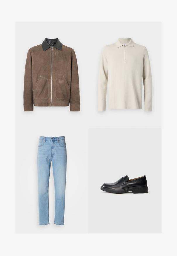 Bruine suedjasje met een zwart leren kraag, voorgesneden ritssluiting en twee grote opgestikte zakken; zachte textuur en casual ontwerp.; Crème-kleurige longsleeve poloshirt met een rits bij de kraag, gemaakt van zachte, gestructureerde stof, met een klassieke pasvorm en een minimaal ontwerp.; Lichtblauwe denim jeans met een rechte pasvorm, vijf zakken en riemlussen. De stof heeft een gladde textuur met een lichte vervaging.; Zwarte leren instap schoenen met een lage hak en subtiel Calvin Klein-logo aan de zijkant, weergegeven in profiel op een witte achtergrond.