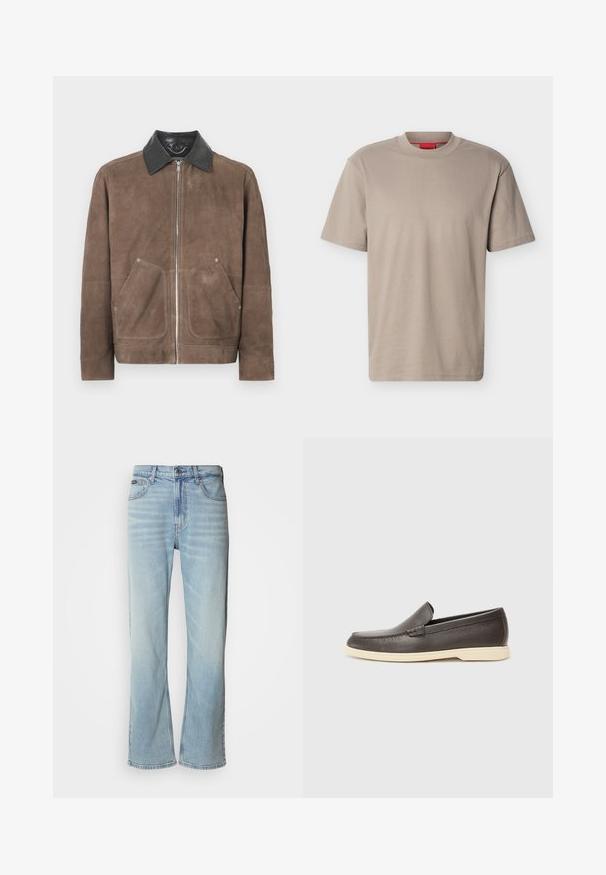 Braune Wildlederjacke mit schwarzem Lederkragen, vorderem Reißverschluss und zwei großen aufgesetzten Taschen; weiche Textur und lässiges Design.; Beige T-Shirt mit kurzen Ärmeln und Rundhalsausschnitt, mit dezentem, eingeprägtem "HUGO"-Logo auf der Brust und rotem Etikett im Nacken.; Hellblaue Jeans aus Denim mit geradem Bein, ausgestattet mit fünf Taschen, einem Knopfverschluss und subtilen Verwaschungen im Stoff.; Braune Leder-Slippers mit strukturierter Oberfläche und einer kontrastierenden, hellbeigen Sohle. Sie verfügen über eine abgerundete Zehenpartie und minimale Nähdetails.