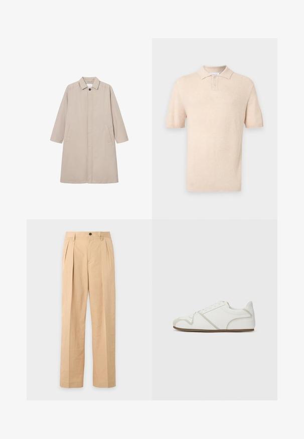Beige regenjas van lichtgewicht materiaal, met een kraag, knoopsluiting en twee zijzakken, lange mouwen en een rechte pasvorm.; Beige polo met korte mouwen van gebreide stof met een gestructureerd patroon, twee knopen in de boord en geribbelde kraag en manchetten.; Beige geplooide broek met knoop- en ritsluiting, riemlussen en rechte brede pijpen.; Witte sneaker met een gladde stoffen bovenkant, beige accenten, een ronde neus en een rubberen zool. Heeft een vetersluiting en zijnaadstiksel.