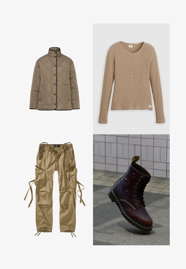 Veste matelassée rembourrée en vert olive avec un col montant, des détails noirs, des fermetures à boutons sur le devant et des poches latérales. Motif en diamant sur l'ensemble.; Chemise henley beige à manches longues en maille gaufrée avec encolure ronde et patte de boutonnage à cinq boutons, présentée à plat sur fond blanc.; Pantalons cargo kaki en coton avec plusieurs poches latérales, cordons de serrage aux chevilles et accents en boutons. Lignes épurées et tissu durable.; Botte en cuir brun foncé avec embossage floral et coutures jaunes, positionnée debout sur un pavé texturé avec un mur carrelé en arrière-plan.