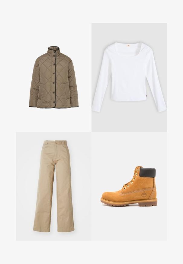 Veste matelassée rembourrée en vert olive avec un col montant, des détails noirs, des fermetures à boutons sur le devant et des poches latérales. Motif en diamant sur l'ensemble.; T-shirt blanc à manches longues en tissu côtelé, avec un col carré et une coupe ajustée, orné d'une petite étiquette logo sur le côté.; Pantalons larges beiges en coton, avec fermeture à bouton et passants de ceinture, présentant une texture lisse et une finition soignée.; Bottine en cuir marron avec rembourrage noir, œillets dorés et semelle texturée. Présente un logo circulaire sur le côté et des accents de couture.