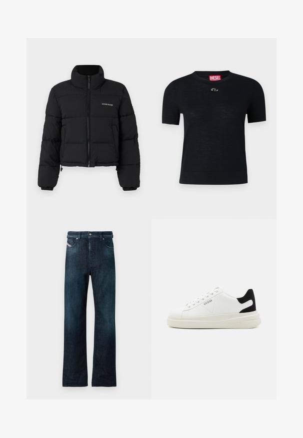Zwarte cropped pufferjack met hoge kraag, rits aan de voorkant, gestikte panelen en het 'GUESS JEANS'-logo geborduurd op de linkerkant van de borst.; Zwarte T-shirt met korte mouwen en een ronde hals, gemaakt van zachte stof, met een afgeronde zilveren accent nabij de halslijn en een rood etiket.; Donkerblauwe spijkerbroek met een rechte pijp, voorzien van een knoopsluiting aan de voorkant en zijzakken. Zachte textuur met een licht vervaagde afwerking.; Witte leren sneakers met een dikke witte zool, zwarte suède hielaccent en een geperst logo op de zijkant. Vetersluiting met zes oogjes.