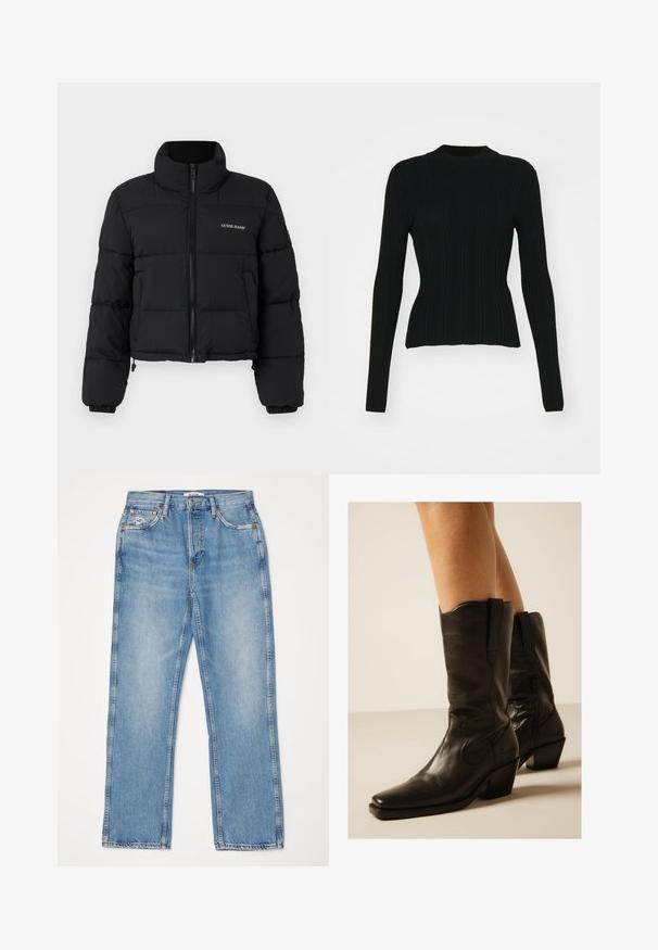 Zwarte cropped pufferjack met hoge kraag, rits aan de voorkant, gestikte panelen en het 'GUESS JEANS'-logo geborduurd op de linkerkant van de borst.; Zwarte geribbelde lange mouwen trui met een hoge halslijn en een aansluitende pasvorm. Het materiaal lijkt rekbaar met verticale lijnen. Kortere snit aan de zoom.; RE/DONE HIGH RISE - Straight leg jeans - worn blue; Zwarte leren cowboylaarzen tot halverwege de kuit met puntige neuzen en blokhakken, gedragen op blote benen tegen een neutrale achtergrond.