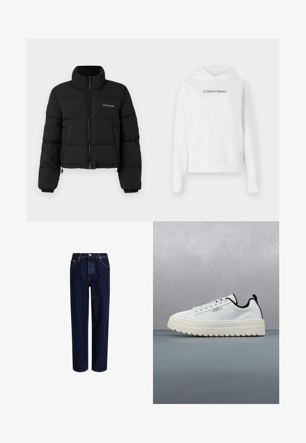 Sort cropped puffer-jakke med høj krave, lynlås foran, sydde paneler og "GUESS JEANS" logo broderet på venstre bryst.; Hvid hættetrøje lavet af bomuld, med en front kangaroo lomme, lange ærmer og "Calvin Klein" logo i sort på brystet.; Mørkeblå denim jeans med lige ben-design, der har høj talje, fem-lomme-stil og kontrastsyninger. Ingen dekorationer.; Hvide lædersneakers med en chunky, struktureret sål med et tandet design. Sorte detaljer på hælen og tungen giver kontrast.