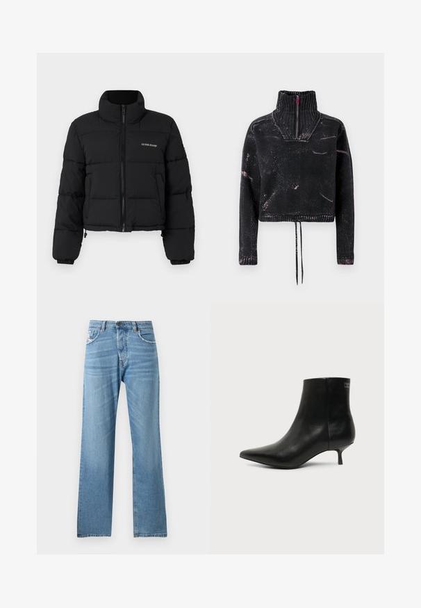 Veste doudoune noire courte avec un col haut, fermeture éclair sur le devant, panneaux cousus, et logo "GUESS JEANS" brodé sur la poitrine gauche.; Pull court noir avec un col montant, une fermeture à moitié éclair, un tissu texturé et un motif éclaboussé rose sur le devant et les manches.; Jeans en denim bleu clair avec une coupe droite, dotés d'une taille standard, de cinq poches et d'un léger dégradé sur le tissu.; Bottine en cuir noir avec bout pointu et petit talon kitten sur fond clair, vue côté extérieur.