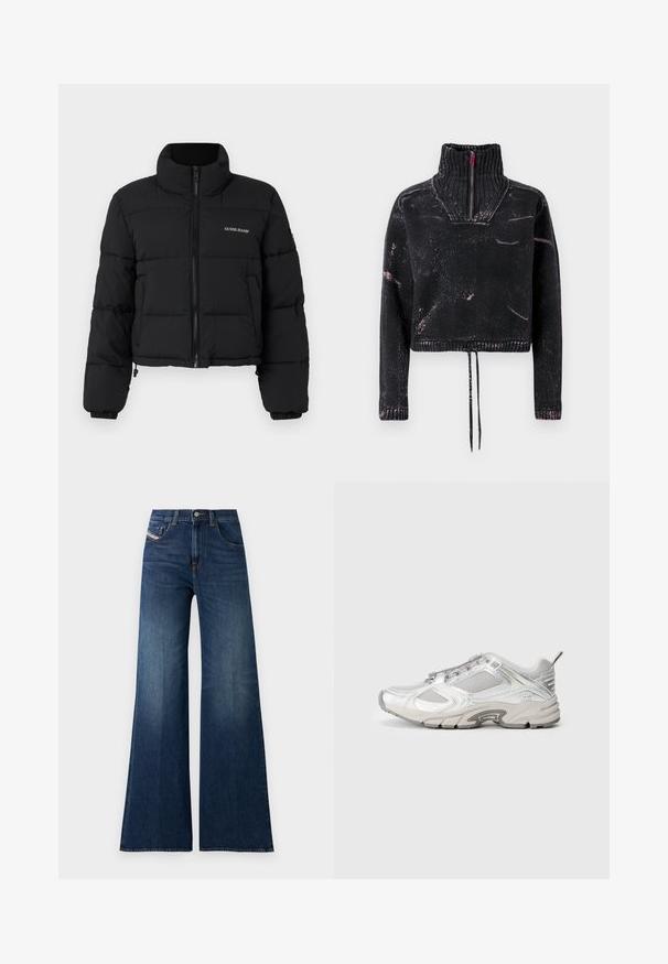 Zwarte cropped pufferjack met hoge kraag, rits aan de voorkant, gestikte panelen en het 'GUESS JEANS'-logo geborduurd op de linkerkant van de borst.; Zwarte cropped trui met een hoge kraag, halve ritssluiting, gestructureerde stof en een roze spetterpatroon op de voorkant en mouwen.; Hoge taille donkerblauwe wijde jeans met voor- en muntzakken, knoopsluiting en subtiele whisker-details op de dijen.; Hardloopschoenen in witte mesh met metallic accenten, textuur overlays en een dikke zool. Voorzien van een voorste vetersysteem en een achterste trekband.