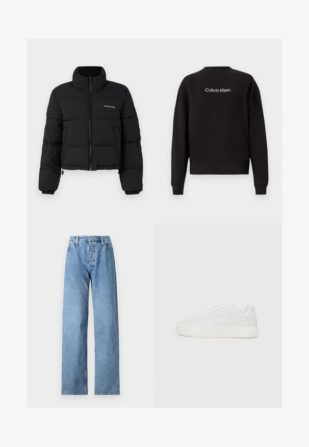 Mustvalge lühikeste varrukatega puhvjak metod, millel on kõrge krae, tõmblukk ees, õmblustatud paneelid ja "GUESS JEANS" logo tikandina vasakul rinnal.; Must must keskajast, millel on soonikuga ümardatud kaelus, pikad varrukad ja valge trükitud "Calvin Klein" logo rinnal.; Heledad sinine teksapüksid, kõrge vöökoht, laiad jalad, viie nupuga sulgur ja vööaasad. Kanga pind on sile ja minimaalsete plekkidega.; Valged madalad tennisekingad lameda tallaga, siledast sünteetilisest ülasest, ümmarguse nina ja tooni õmblustega. Omab nööridega kinnitamist ja külgsuunalist brändingut.