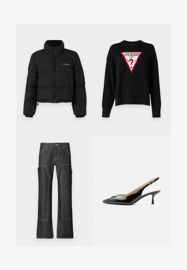 Schwarze, cropped Pufferjacke mit hohem Kragen, Reißverschlussfront, gesteppten Paneelen und dem auf die linke Brust gestickten "GUESS JEANS"-Logo.; Guess Jeans BIG TRIANGLE - Strickpullover - jet black; Dunkelblaue Cargo-Hosen aus Denim mit weißer Kontrastnaht, ausgestattet mit mehreren Taschen und einem schmal zulaufenden Bein-Design. Robustes Material und Metallknopf-Verschluss.; Schwarzer Pumps mit Riemchen aus Lackleder, spitz zulaufender Zehenpartie, kleinem Kitten-Heel und silberner Schnalle auf weißem Hintergrund.