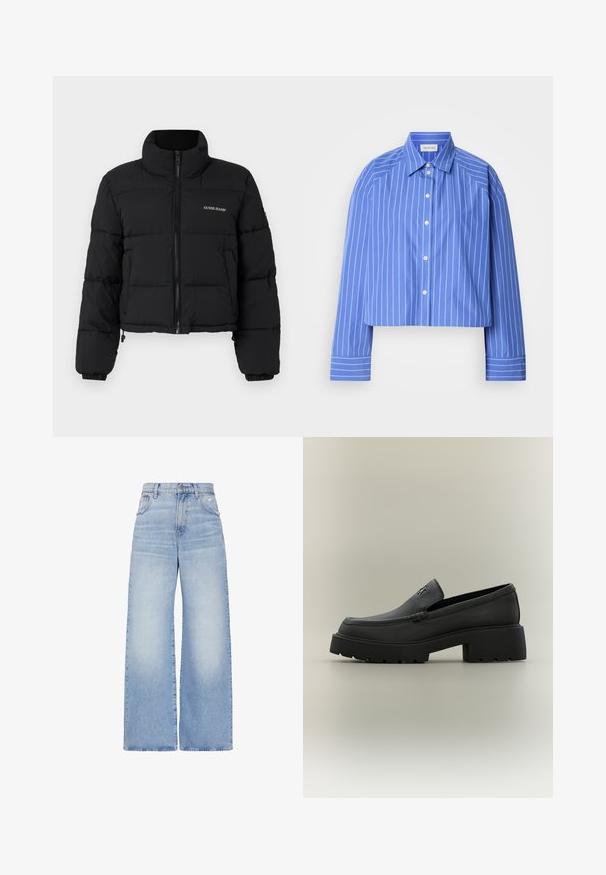 Sort cropped puffer-jakke med høj krave, lynlås foran, sydde paneler og "GUESS JEANS" logo broderet på venstre bryst.; Beskaaret blå skjorte med lodrette hvide striber, klassisk krave, lange ærmer og knaplukning; lavet af glat, let stof.; Lyseblå højtaljede jeans med vidde i benene, lukkes foran med knapper og lynlås, for- og baglommer samt en let slidt detalje på højre lomme.; Sort læderloafer med kraftig sål, blokhæl og lille metallisk logo på overdelen, vist i profil mod en neutral baggrund.