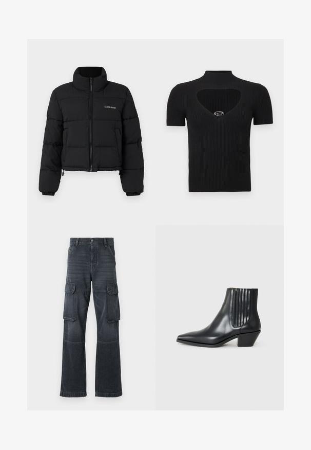 Sort cropped puffer-jakke med høj krave, lynlås foran, sydde paneler og "GUESS JEANS" logo broderet på venstre bryst.; Sort ribstrikket top med høj hals og hjerteformet udskæring. Har korte ærmer og en sølvaccent ved halsudskæringen.; Mørkegrå cargo bukser lavet af denim, med to sidelommer og en bred ben design. Syede detaljer langs sømme og kanter.; Sorte læder ankelstøvle med spids tå, elastiske sidepaneler med lodrette riller og en lav blokhæl. Glat tekstur og slankt design.