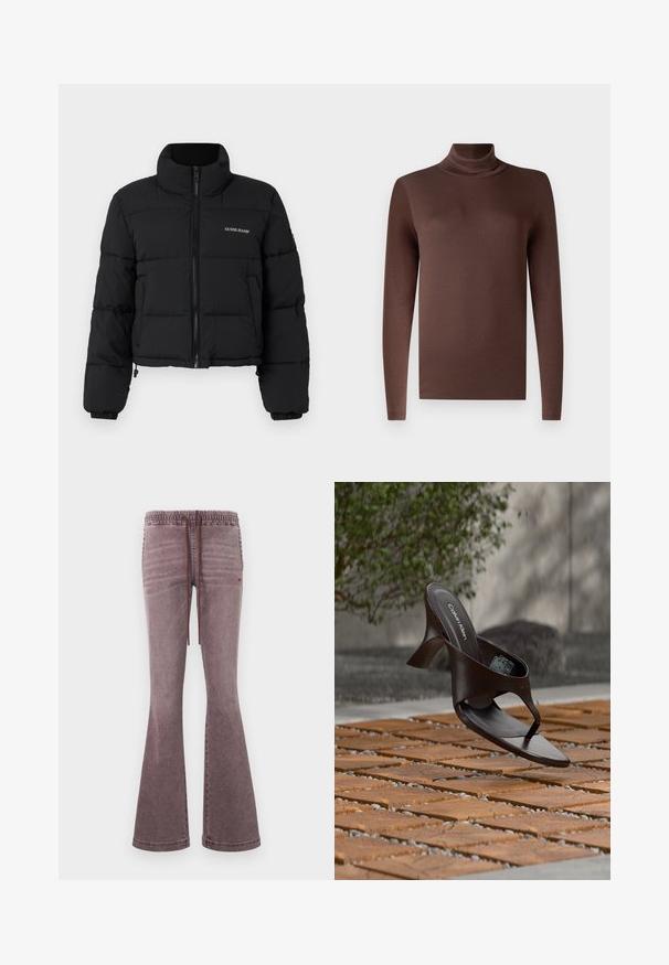 Sort cropped puffer-jakke med høj krave, lynlås foran, sydde paneler og "GUESS JEANS" logo broderet på venstre bryst.; Brun langærmet turtleneck top lavet af et glat, strækbart materiale. Har en høj hals og en tætsiddende pasform, med en ren kant.; Lilla vaskede flare-bukser med elastisk talje og snøre foran, med sidelommer og en diskret rød hjerte-logo på højre lår.; Brun Calvin Klein hælet thong sandal svævende over træflise og grus udendørs med sløret grønt og stenmur i baggrunden.