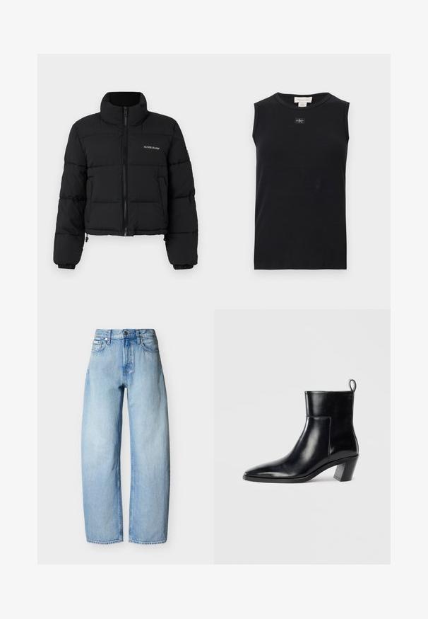 Zwarte cropped pufferjack met hoge kraag, rits aan de voorkant, gestikte panelen en het 'GUESS JEANS'-logo geborduurd op de linkerkant van de borst.; Zwart mouwloos, geribbeld tanktop met ronde hals en een klein Calvin Klein-logoplaatje in het midden onder de kraag.; Lichtblauwe denim jeans met rechte pijpen, vijf zakken, riemlussen en een knoopsluiting aan de voorkant.; Zwarte leren enkelboot met een spitse neus, een geometrische gestapelde hak en een trekband aan de achterkant. Gladde textuur en slank ontwerp.