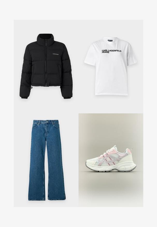 Veste doudoune noire courte avec un col haut, fermeture éclair sur le devant, panneaux cousus, et logo "GUESS JEANS" brodé sur la poitrine gauche.; T-shirt en coton blanc avec un col rond, des manches courtes et un texte imprimé en noir disant "KARL LAGERFELD JEANS" sur la poitrine.; Pantalon en denim bleu à jambe large avec un design classique à cinq poches, doté d'une fermeture à boutons et à zip à l'avant, et d'une texture légèrement délavée.; Baskets blanches et rose clair avec panneaux en mesh, semelle amortie et semelle extérieure en caoutchouc gris, vues de profil.