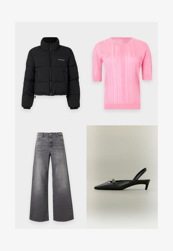 Sort cropped puffer-jakke med høj krave, lynlås foran, sydde paneler og "GUESS JEANS" logo broderet på venstre bryst.; Lyserød ribstrikket top med korte ærmer, rund hals og lodret ribtekstur, vist på en ensfarvet lys baggrund.; Vidbenede jeans i falmet mørkegråt denim. Har en klassisk talje, fem lommer og diskrete slidte detaljer foran.; Sort læder slingback med kitten heel, spids tå og lille guldfarvet spænde på en ensfarvet baggrund.