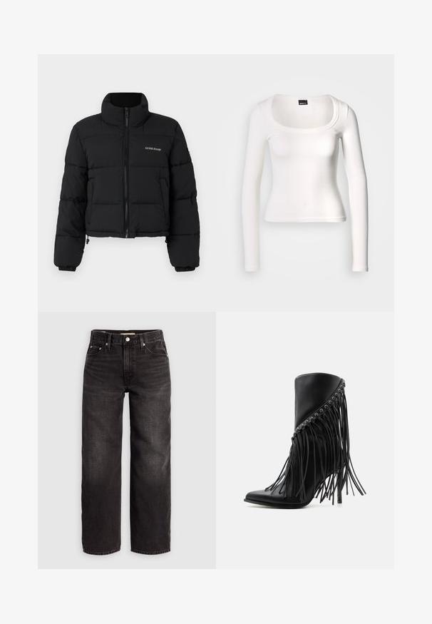 Sort cropped puffer-jakke med høj krave, lynlås foran, sydde paneler og "GUESS JEANS" logo broderet på venstre bryst.; Hvid langærmet top med rund halsudskæring. Fremstillet af ribstrikket stof, har den en tætsiddende pasform og en glat tekstur med en sømløs finish.; Levi's® BAGGY DAD - Baggy jeans - shrink up; Sort ankelstøvle med høje hæle, skrå frynser og metaløjer langs den øverste kant, spids tå og stiletthæl.