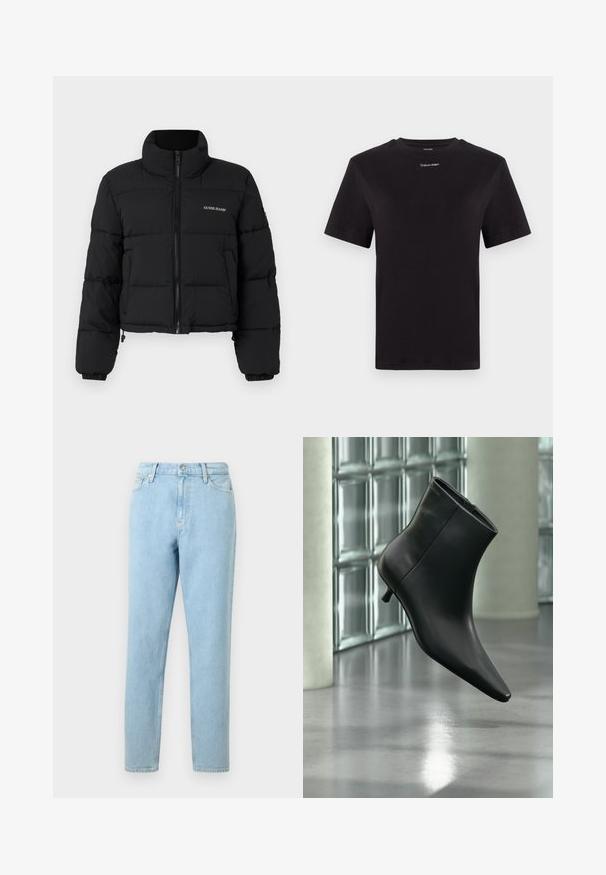 Veste doudoune noire courte avec un col haut, fermeture éclair sur le devant, panneaux cousus, et logo "GUESS JEANS" brodé sur la poitrine gauche.; T-shirt noir en coton à manches courtes, col rond, avec un petit logo blanc "Calvin Klein" sur la poitrine. Texture lisse, coupe classique.; Jeans en denim bleu clair avec une coupe droite, design à cinq poches et fermeture à bouton. Présente un léger dégradé et une texture lisse.; Bottine en cuir noir à bout pointu et petit talon kitten, présentée en angle devant un sol poli et un mur en blocs de verre.